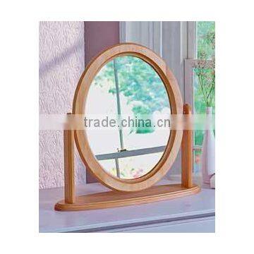 Round Pine Framed Cosmetic Mirror Stand on Table