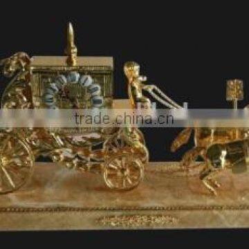 Solid Gilt Copper Table Clock, Empire Gold Plated Clock, Decorative Clock, Sitting On Cart Driven by Two Horses