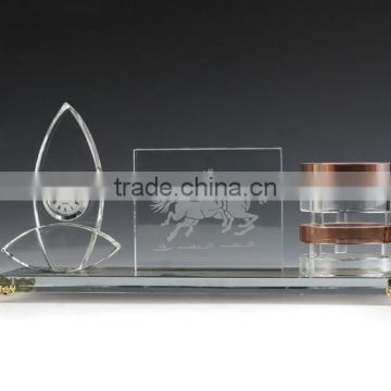 JINGYAGE K9 3D Laser Horse Office Table Set Crystal Pen Holder Set With Clock for Business Gift