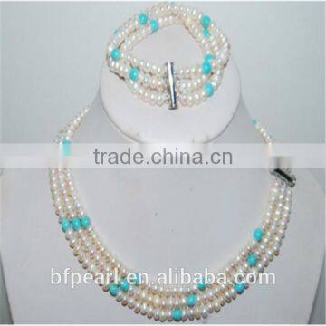 Button Freshwater Pearl and Turquoise Necklace with Pearl Bracelet Set