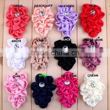 handmade satin fabric flower with rhinestone center for kids hair accessories