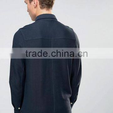 Cheapest Custom Long Sleeve Button Placket Point Collar Navy Men's 65% Polyester 35% Cotton Woven Twill 200g Casual Polo Shirt photo-2