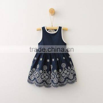 Hot sale navy blue embroidery no sleeve cotton baby girls dress