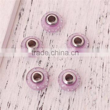 Lampwork Glass & Cubic Zirconia European Style Large Hole Charm Beads Round Light Pink Clear W/ Stainless Steel Core photo-3