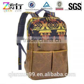 Khaki Brown Aztec Canvas and Leather Trim Computer Shoulder Backpack Bags