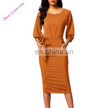 New Three Quarter Sleeve Mustard Puff Sleeve Belt Chiffon Pencil Dress