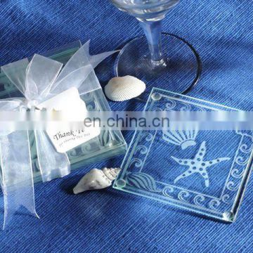 Wedding Favors Of Shell and Starfish Frosted Glass Coaster