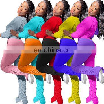 Plain Loose 2 Pieces Drawstring Jogger Stacked Sweatpants Women Causal Color Matching Hoodie Set photo-3