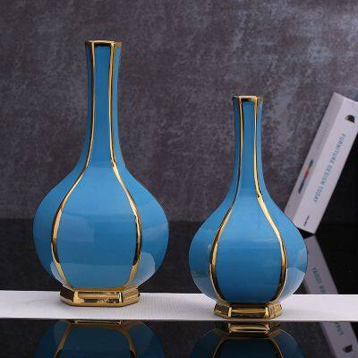 Hexagonal European Style Blue Gold Gild Jingdezhen Hand Made Ceramic Vase For Living Room