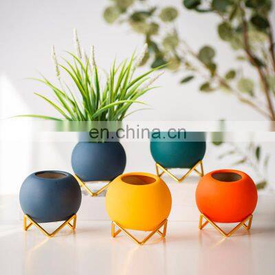 ball shaped home decor nordic style ceramic succulent planter plant pot with metal stand holder