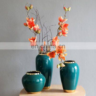 Golden edge green color luxury Jingdezhen ceramic vase set of 3 piece for Living room