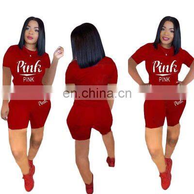 Brand Pink Print Fitness Shorts Set Tracksuit Women Clothing 2 Pcs Set Sweatsuit Woman Short Tshirts Plus Size Two Piece Outfits photo-3