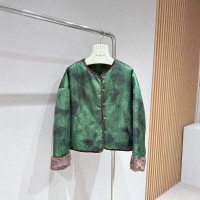 Manteau de mante de mink en style chinois nouveau, en jacquard vert, pour femme, de haute qualité, en fourrure et en duvet, court pour l'hiver