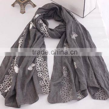 New Design Butterfly Embroidery Cotton Fashion Ladies Scarf