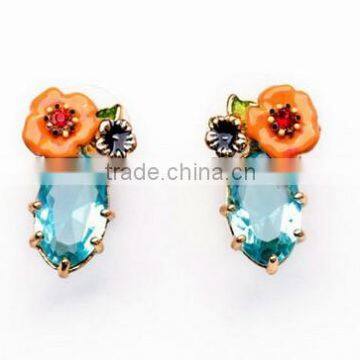 2015 pink blue topaz flower stud earrings for women imitation diamond jewelry vintage acrylic indian jewelry lovely rhinestone