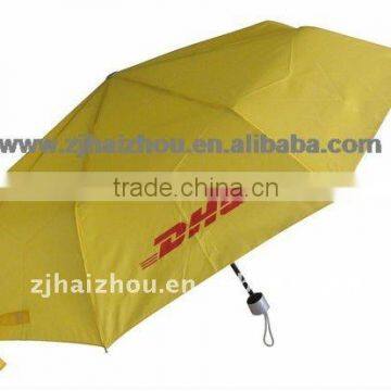 Manual open yellow color promotional 3-fold rain umbrella for advertising