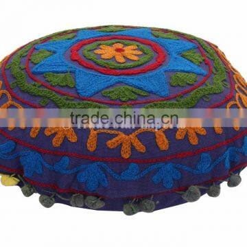 Suzani Floor Cushion Cover Indian Embroidered Round Pillows Pom Pom Lace Ottoman Indian Shams