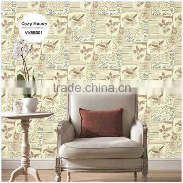 cheap printing pvc wallpaper, apricot yellow trendy bird wall decal for home , removable wall paper ideas