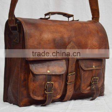 Real Goat Leather Vintage Messenger Shoulder Cross Body Bag Handmade Briefcase Men Laptop Office Bag