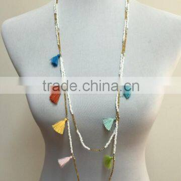 Trendy Two Layers Seed Beads Strand Necklace with Colorful Tassel Charm Necklace