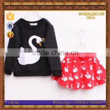 long sleeve swan printing pattern fashion dress for little girl
