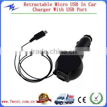 Micro USB Car Charger with Retractable USB Cable for Samsung / HTC / Blackberry