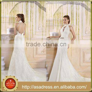 VIL-10 Beaded Sash Lace Appliques High Neck Trumpet Lace Wedding Dresses with Long Train