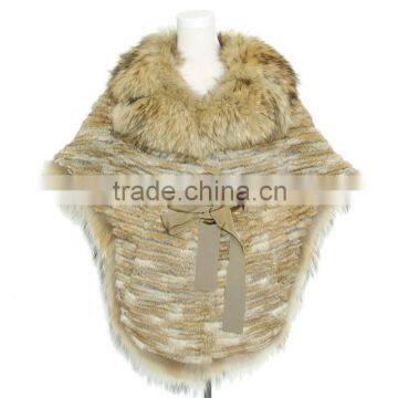 Women bat-shawl style rabbit fur shawl with raccoon fur collar,KZ14127