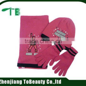 fashion winter girls knit hat scarf gloves set with embroidery