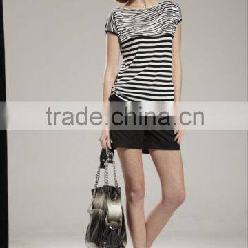 ladies' boat neck short sleeve pullover knitted sweater with stripes &print