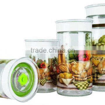 SINOGLASS 4 pcs with airtight lid with lazy chef decal glass storage canister jar set