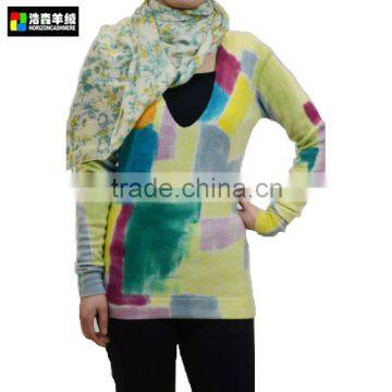 Lady Knitted Cashmere Pullover, Ladies Colorful Print V Neck Pullover