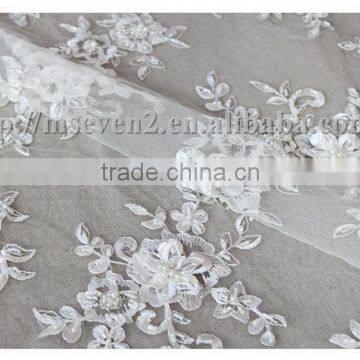 Pure White 3d Flower Lace Bride Pearls Flower Embroidery Lace Fabric