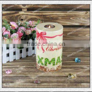 Tall Red Wooden Hurricane Candle Holder for Christmas Decoration with Green Letters and Hand Painting