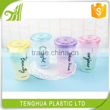 Plastic Cup Double Wall Material Ice Cream Cup With Straw