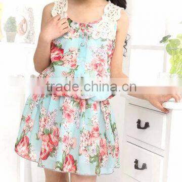 fancy floral children sleeveless dress with white lace