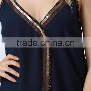 New Design Ladies Sequin Embroideried Beaded Navy Cami Top photo-6