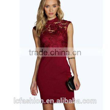 Sexy Party Burgundy Pencil Dress High Neck Lace Midi Dress photo-2