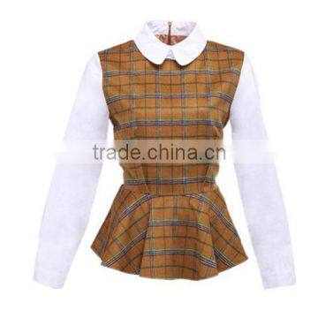 2015 Fashion Cotton Check Chiffon Ruffle Bottom Long Sleeves Direct Manufacturer High Quality Big Sleeve Blouse photo-6