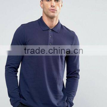 Custom Long Sleeve Button Placket Men's 100% Cotton Breathable Pique 200g Casual Navy Polo Shirt