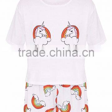 CFull Print Funny Design Women Pyjama Set Unicorn Rainbow White PJ Set Custom Design Ladies Pajama Set photo-3