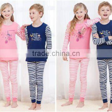 2015America Style Cute Cartoon Sleepwear Low MOQ Striped Knitted Cotton Pajama Long Sleeve Printed Casual Wear Set Kids Wear Set