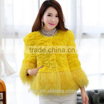 Women's Real Rabbit Fur Coat With Mongolia Lamb Fur Big Skirt Hem Bright Color Natural Fur Coats Female photo-3