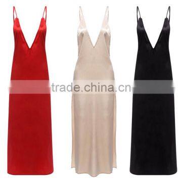 Sexy Silk Fabric Slit Satin Spaghetti Strap Long Dress Summer V Neck Party Evening Dresses 2017 photo-6