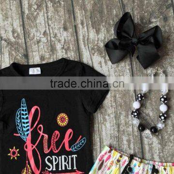 Baby Girls Summer Clothes Girls Children Spirit Girl Outfits Kids Arrow Outfits Black Top With Feather Shorts With Accessories photo-3
