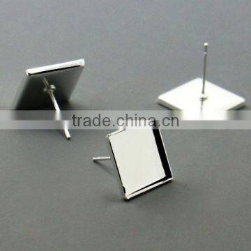 12mm Silver Plated Square Ear Studs Blank Base Cabochon Bezels Setting Earring Tray