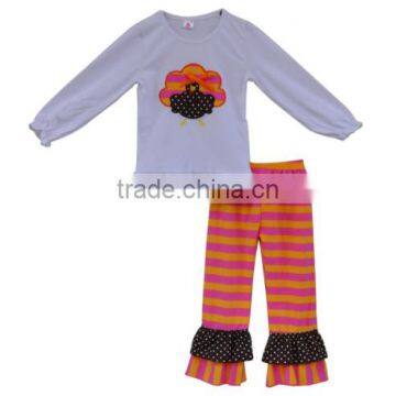 2017 New design fall girls thanksgiving outfit turkey embroidery top and stripe pants kids boutique clothing for wholesale