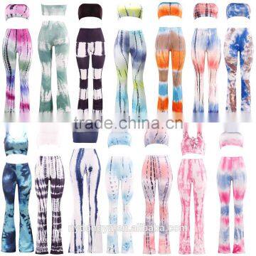 Khaki Gradient Bell Bottomed Pants and Top Set /22 Color Xayn Printed Wide Legging Flare Trousers and Top Two Piece Set photo-3