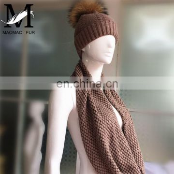 Wool Flat Knitting Beanie Pompom Hat Fashionable Lady Scarves One Piece Hat and Scarf