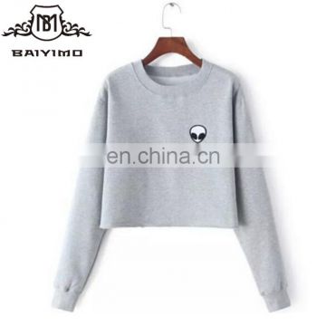 ET Aliens Printing Crew Neck Loose Short Fleece Off White Cotton Cropped Hoodies Ladies